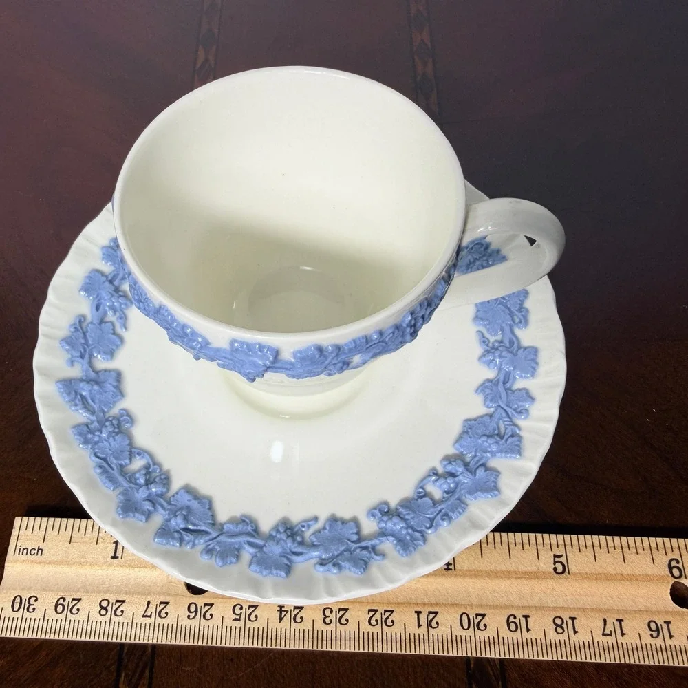 Vintage Wedgwood Queensware Blue Grapevine Tea Cup Saucer Grandmillennial Decor
